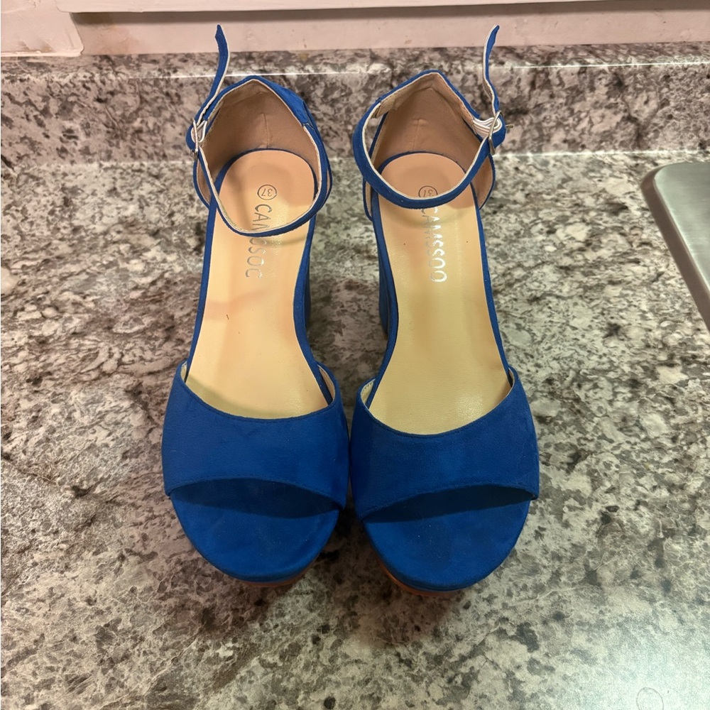 CAMSSOO royal blue faux suede platform wedge sandals